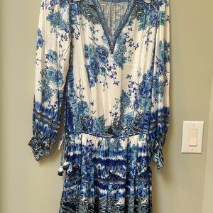 Hale Bob Blue and White Floral Long Sleeve Dress